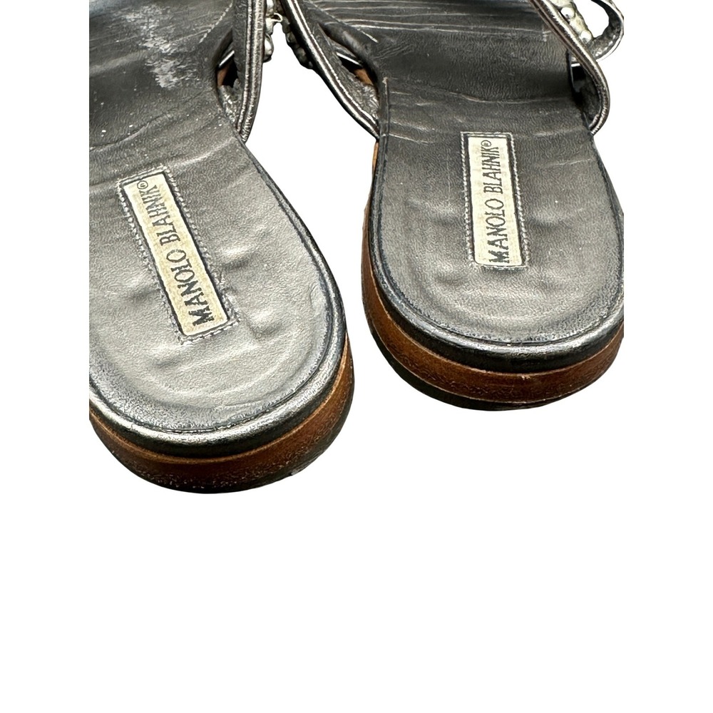 Manolo Blahnik Metallic Pewter Leather Studded Flat Sandals Italy Sz 39.5 US 9.5 - Picture 7 of 9
